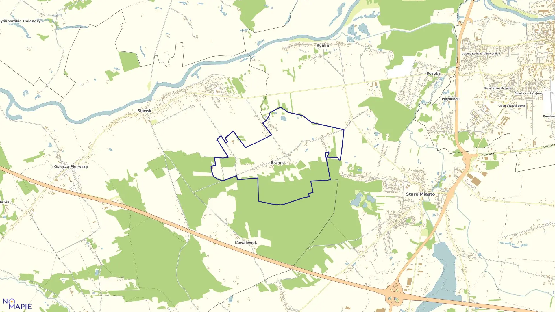 Mapa obrębu BRANNO w gminie Rzgów